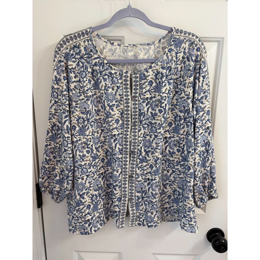 J. Jill PureJill Cotton Blend Border Printed Boho Blouse Top Size Large